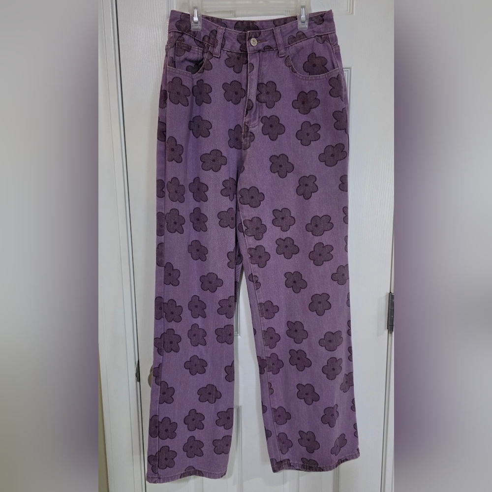 SHEIN Purple Floral Wide Leg Jeans - Picture 6 of 8